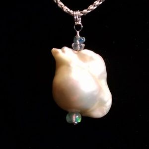 Hand Crafted big FW baroque pearl and opal pendant